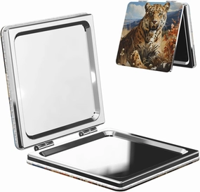 Leopard in Search of Prey Makeup Mirror Portable Folding Mini Mirror Double Sided Travel Makeup Mirror Square Handheld Pocket Mirror