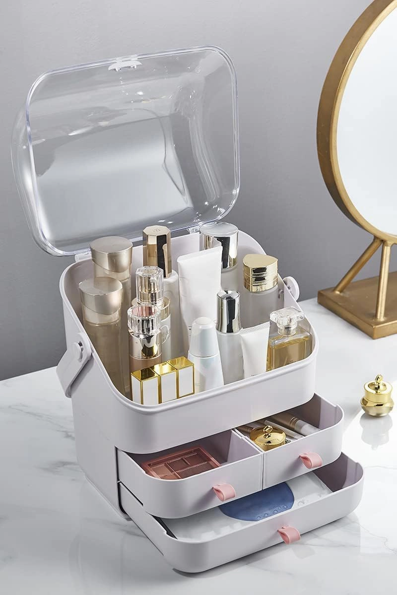 LINFIDITE Cosmetic Storage Box with Lid Makeup Organizer Box with Dust Free Cover Portable Handle,Large Makeup Display Case with Drawers Fully Open Lid,Great for Dresser Bathroom Countertop