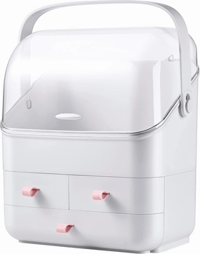 LINFIDITE Cosmetic Storage Box with Lid Makeup Organizer Box with Dust Free Cover Portable Handle,Large Makeup Display Case with Drawers Fully Open Lid,Great for Dresser Bathroom Countertop