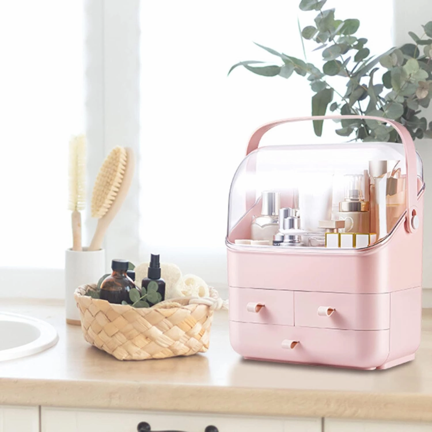 LINFIDITE Cosmetic Storage Box with Lid Waterproof&Dustproof Makeup Organizer Box Portable Handle,Large Makeup Display Case with Drawers Fully Open Lid,Great for Bathroom Countertop Bedroom Dresser
