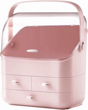 LINFIDITE Cosmetic Storage Box with Lid Waterproof&Dustproof Makeup Organizer Box Portable Handle,Large Makeup Display Case with Drawers Fully Open Lid,Great for Bathroom Countertop Bedroom Dresser