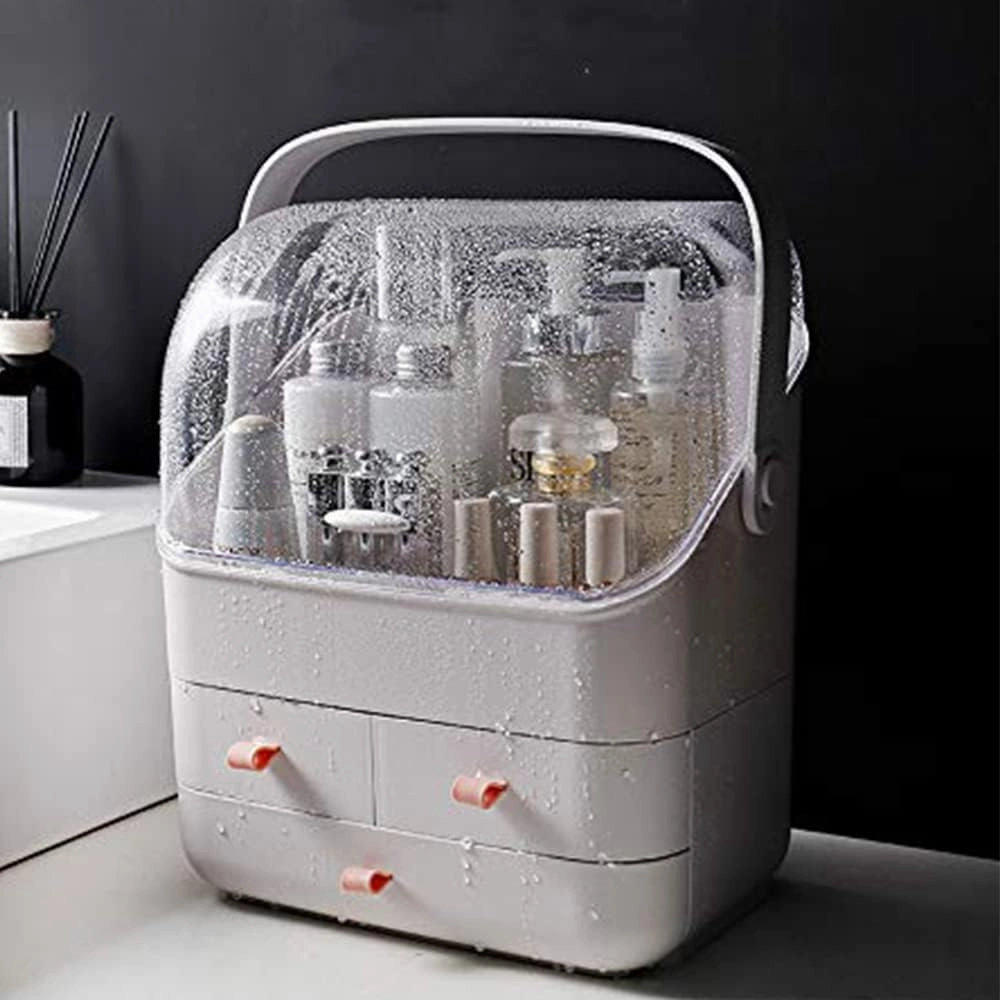 LINFIDITE Cosmetic Storage Box with Lid Waterproof&Dustproof Makeup Organizer Box Portable Handle,Large Makeup Display Case with Drawers Fully Open Lid,Great for Bathroom Countertop Bedroom Dresser