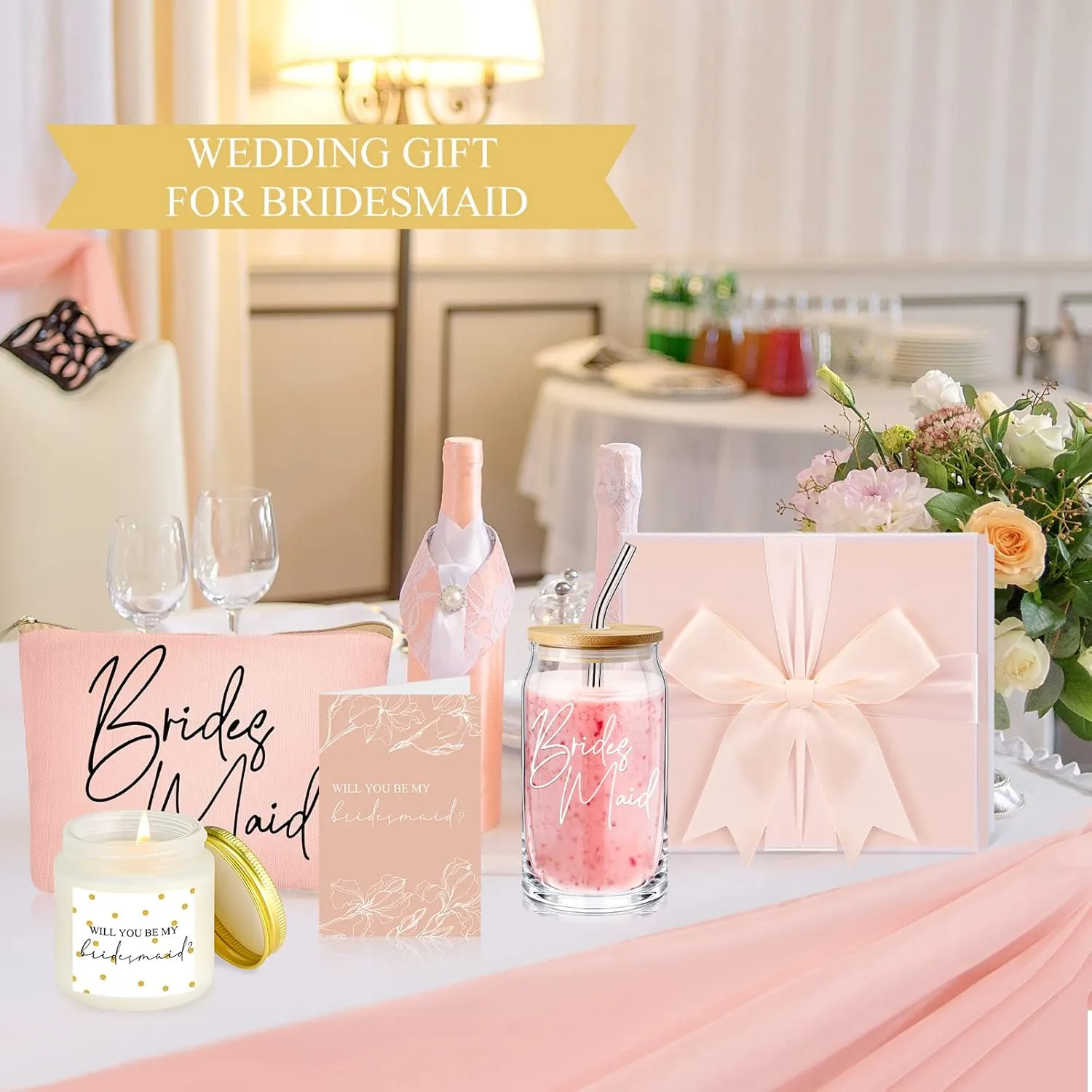 Maid of Honor Bridesmaid Proposal Gifts Box Includes Bridesmaid Glasses Maid of Honor Candle Makeup Bag Sage Wedding Invitation Cards for Bridal Party Favors