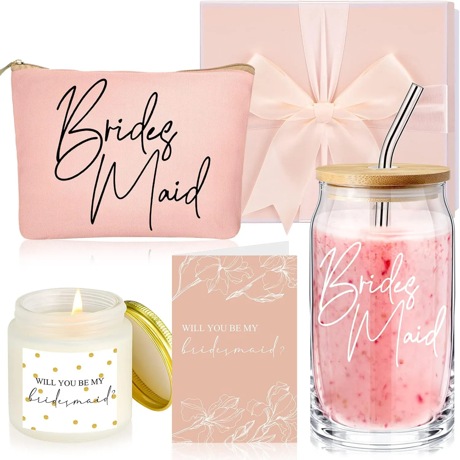 Maid of Honor Bridesmaid Proposal Gifts Box Includes Bridesmaid Glasses Maid of Honor Candle Makeup Bag Sage Wedding Invitation Cards for Bridal Party Favors