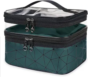 Makeup Bag, Double Layer Cosmetic Case Organizer, Girls Toiletry Bag, Clear Waterproof Cosmetic Bags With Handle, for Women Traveling Accessories Bottles, Brushes, Skin Care Products (Green)
