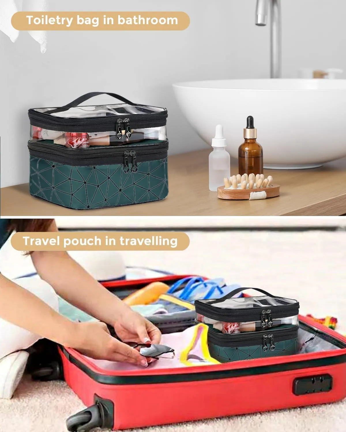 Makeup Bag, Double Layer Cosmetic Case Organizer, Girls Toiletry Bag, Clear Waterproof Cosmetic Bags With Handle, for Women Traveling Accessories Bottles, Brushes, Skin Care Products (Green)