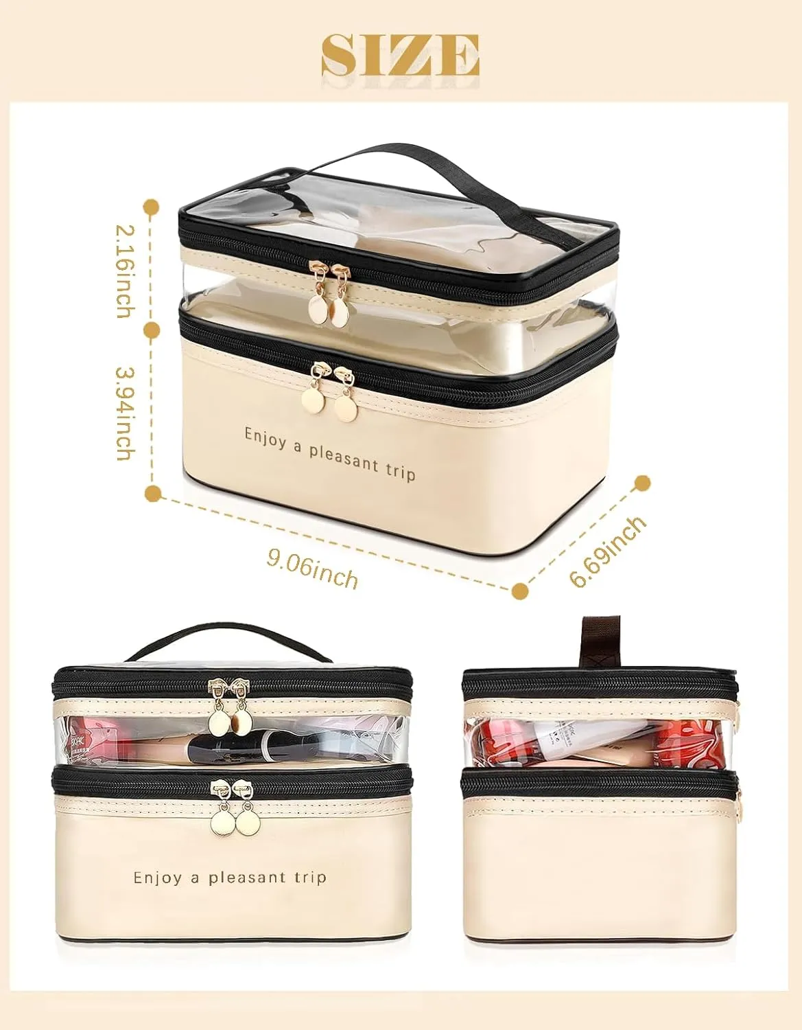 Makeup Bag, Double Layer Cosmetic Case Organizer, Girls Toiletry Bag, Clear Waterproof Cosmetic Bags With Handle, for Women Traveling Accessories Bottles, Brushes, Skin Care Products (Green)