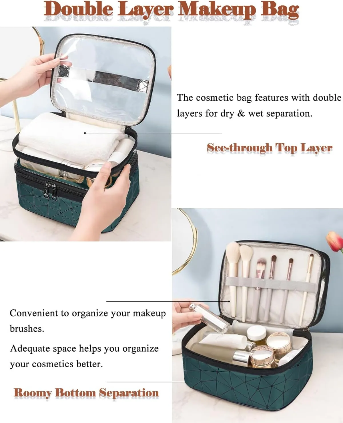 Makeup Bag, Double Layer Cosmetic Case Organizer, Girls Toiletry Bag, Clear Waterproof Cosmetic Bags With Handle, for Women Traveling Accessories Bottles, Brushes, Skin Care Products (Green)