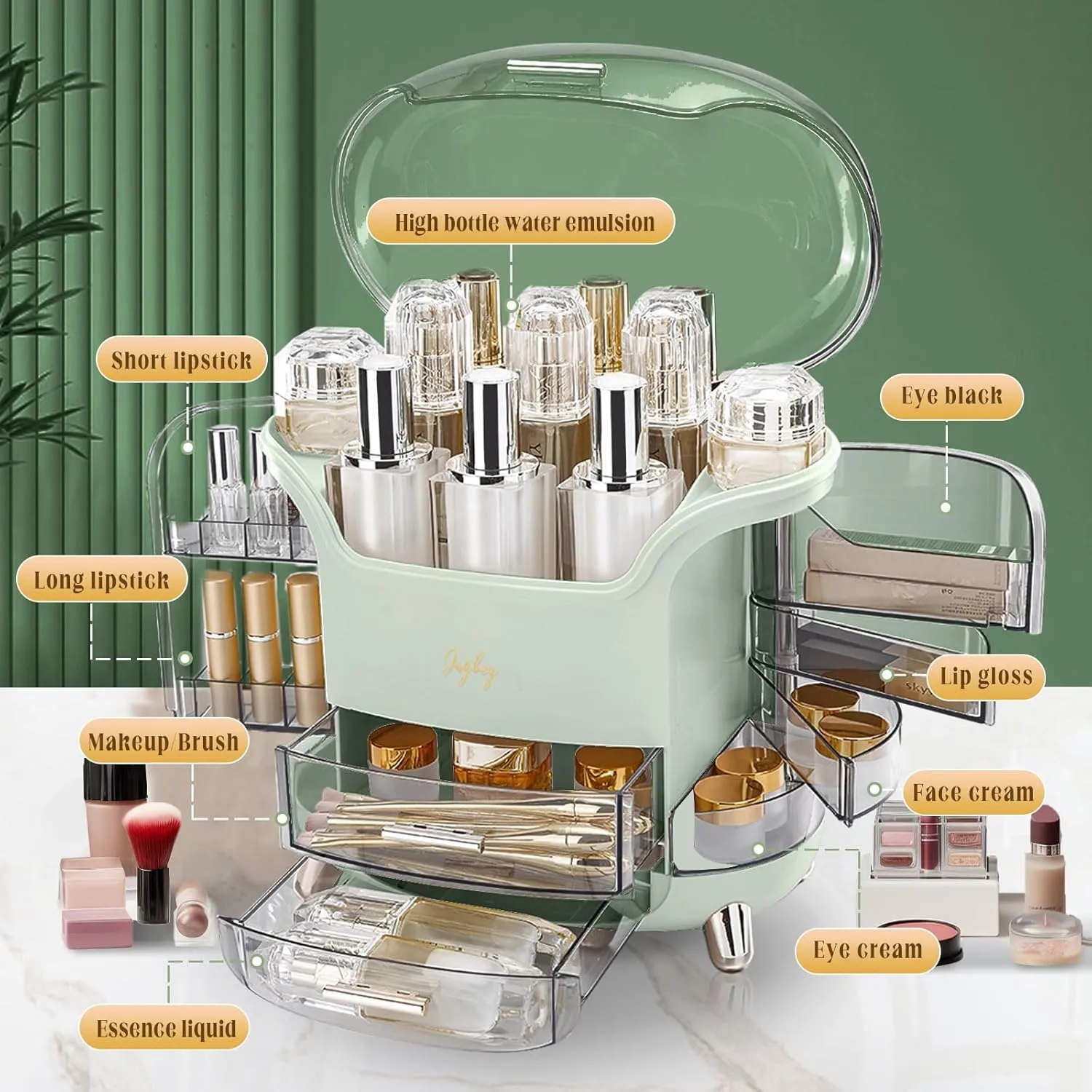 Makeup Organizer and Storage, Large Capacity Cosmetics Organizer with Waterproof and Dustproof, Makeup Organizer for Vanity with Lid and Drawer, Fit Bathroom,Bedroom, Desk,Countertops - Green