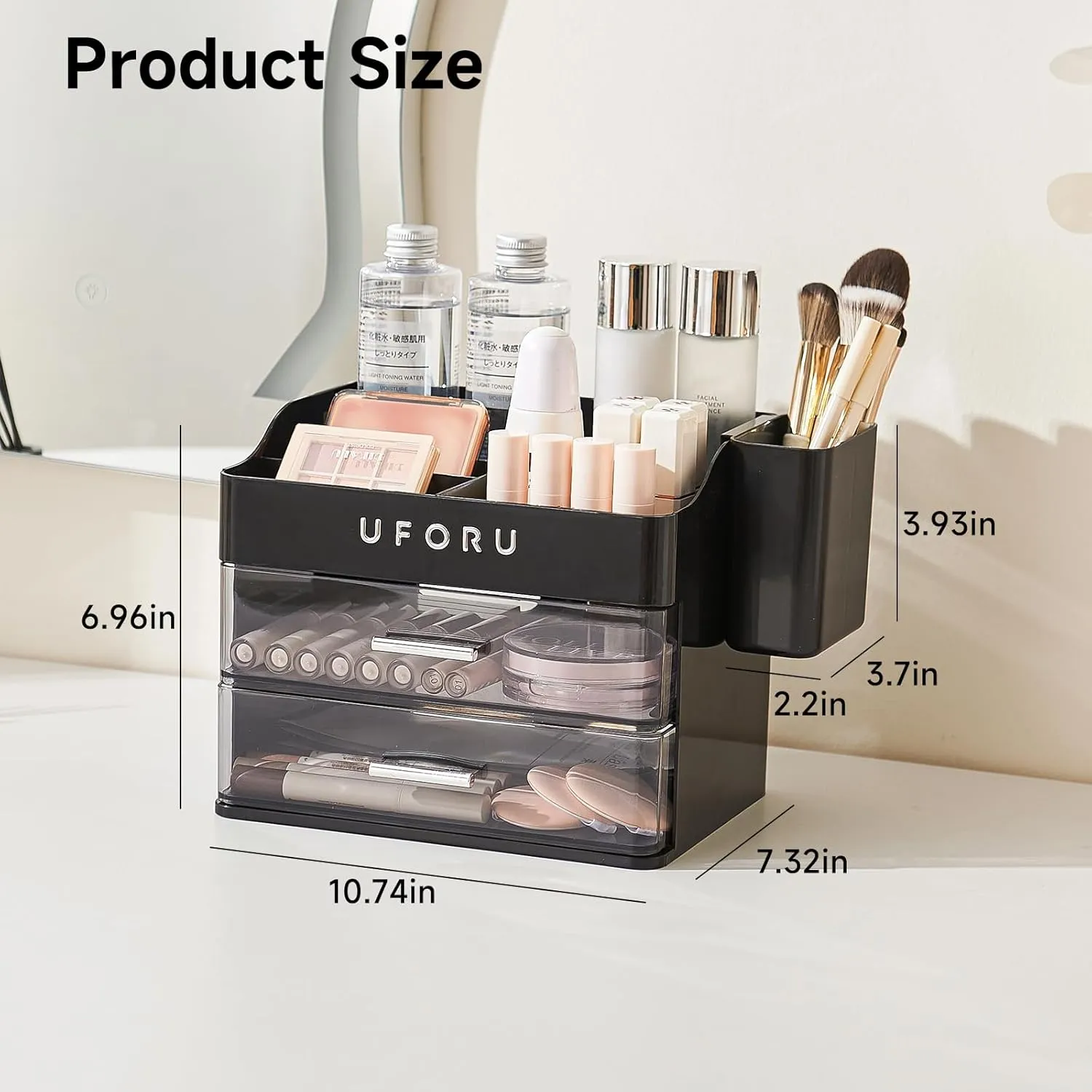 Makeup Organizer for Vanity with Brush Holder, Bathroom Counter Organizer with 2 Clear Drawers, Cosmetic Display Case for Beauty Essential, Skincare, Lipstick, Black&Silver