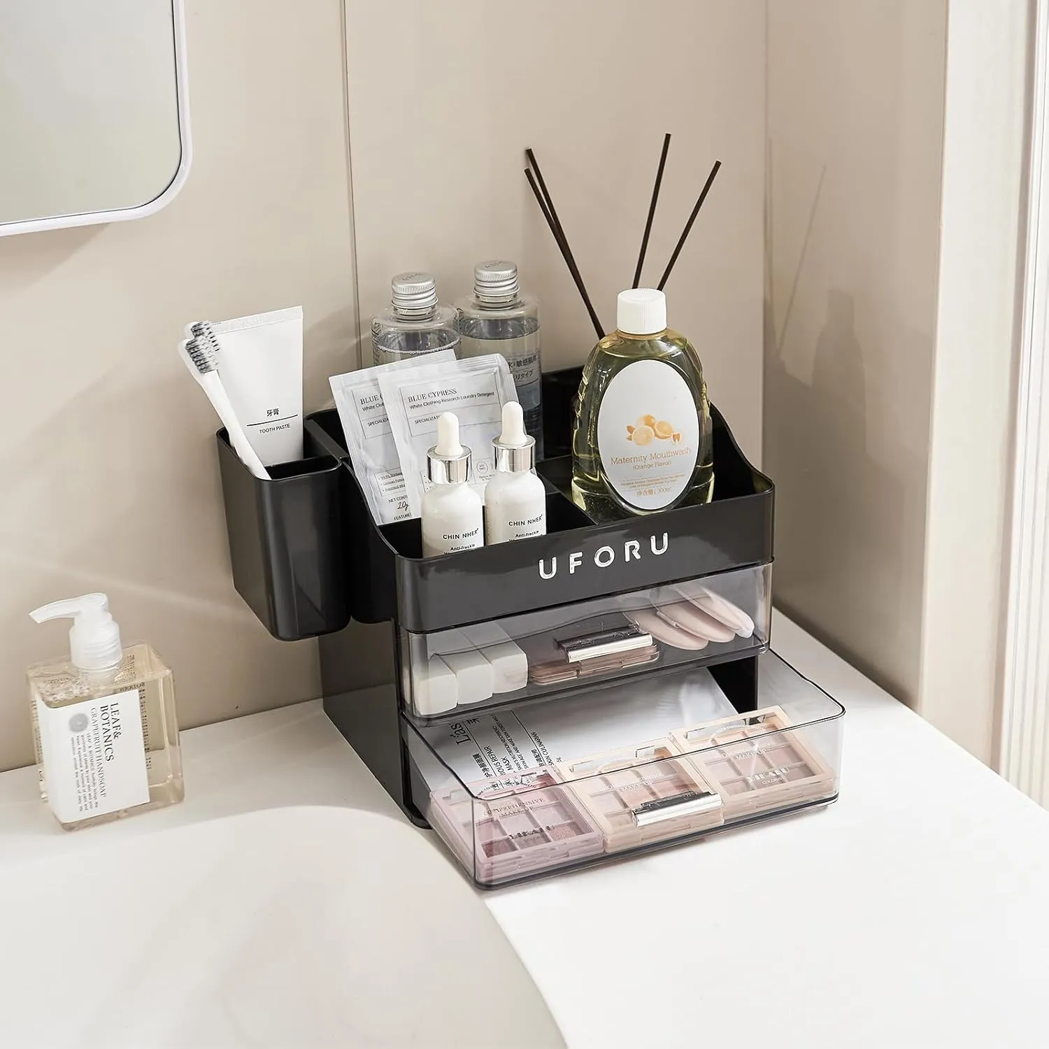 Makeup Organizer for Vanity with Brush Holder, Bathroom Counter Organizer with 2 Clear Drawers, Cosmetic Display Case for Beauty Essential, Skincare, Lipstick, Black&Silver