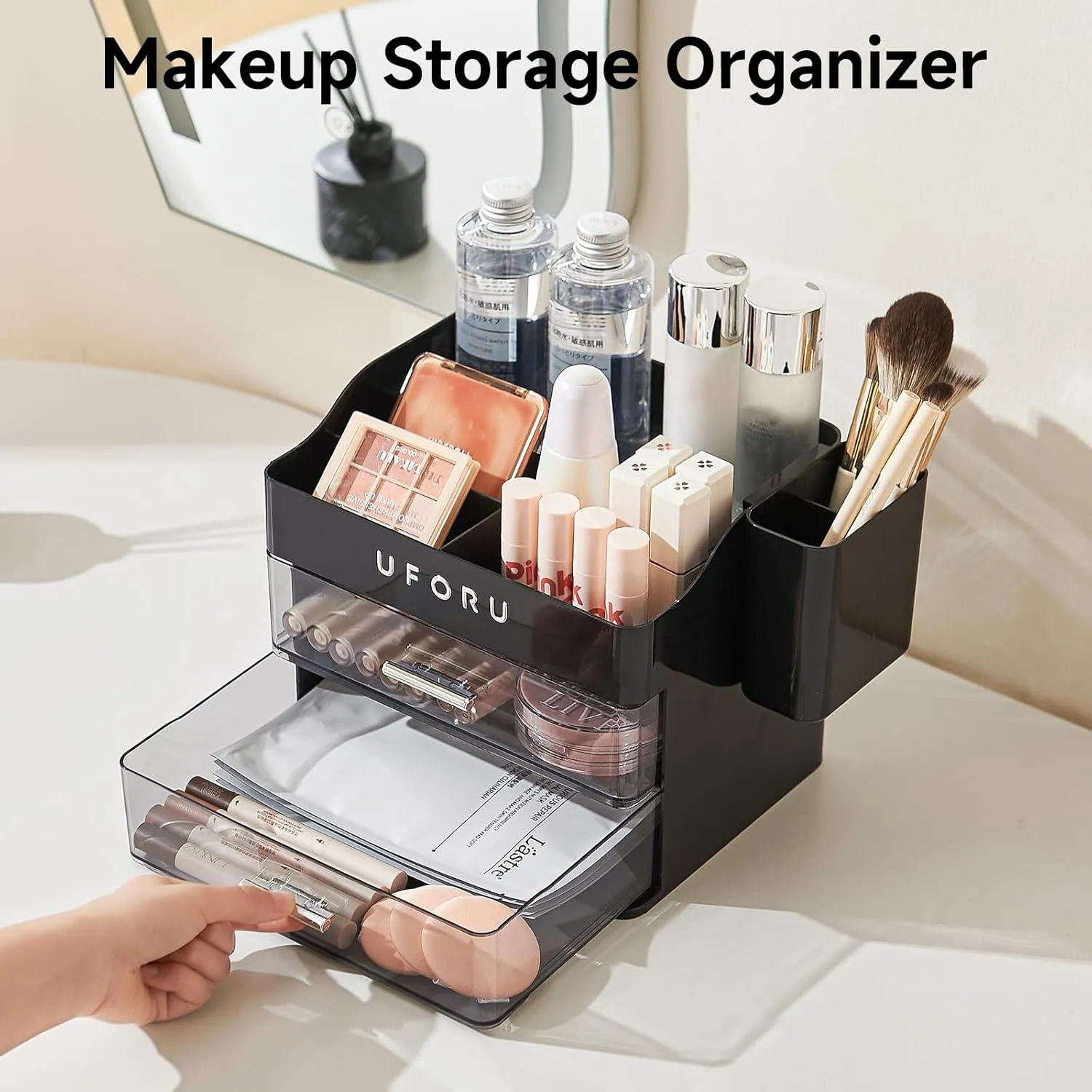 Makeup Organizer for Vanity with Brush Holder, Bathroom Counter Organizer with 2 Clear Drawers, Cosmetic Display Case for Beauty Essential, Skincare, Lipstick, Black&Silver