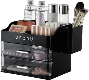 Makeup Organizer for Vanity with Brush Holder, Bathroom Counter Organizer with 2 Clear Drawers, Cosmetic Display Case for Beauty Essential, Skincare, Lipstick, Black&Silver