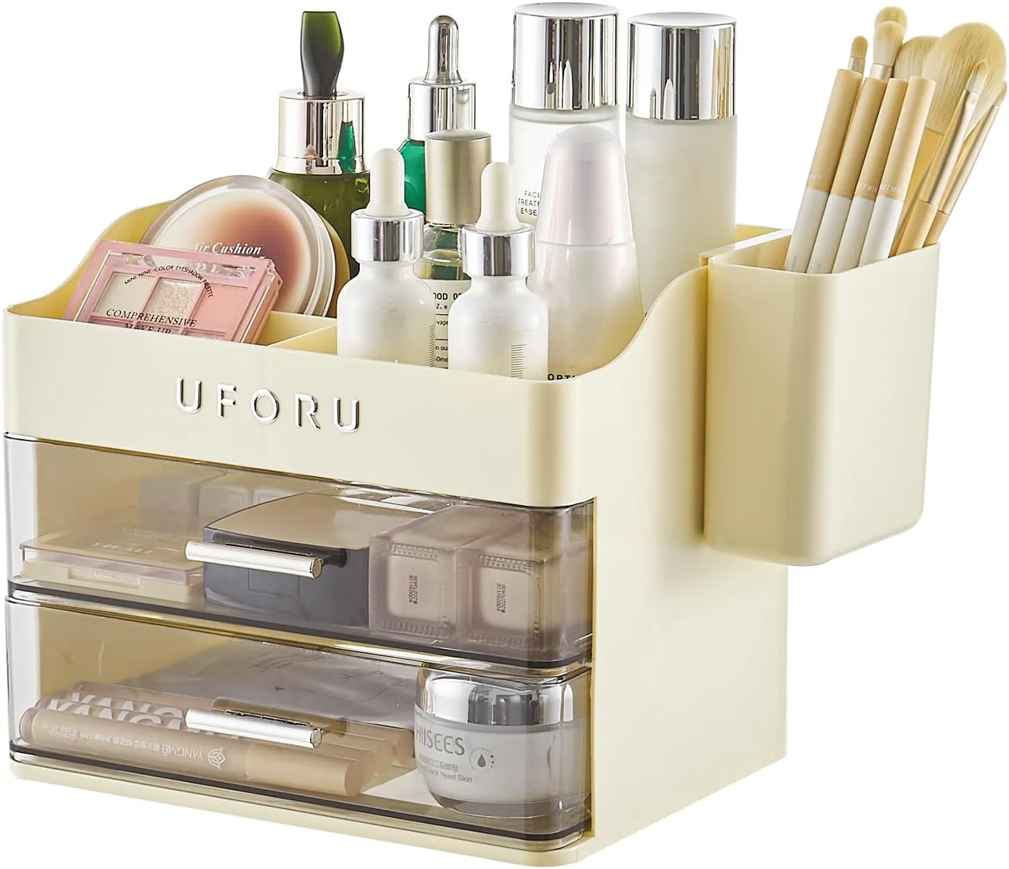 Makeup Organizer for Vanity with Brush Holder, Bathroom Counter Organizer with 2 Clear Drawers, Cosmetic Display Case for Beauty Essential, Skincare, Lipstick, Cream White&Silver
