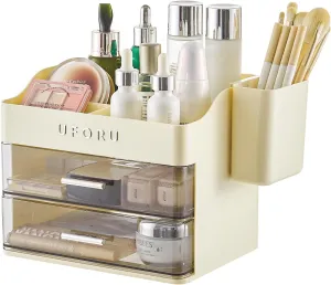 Makeup Organizer for Vanity with Brush Holder, Bathroom Counter Organizer with 2 Clear Drawers, Cosmetic Display Case for Beauty Essential, Skincare, Lipstick, Cream White&Silver