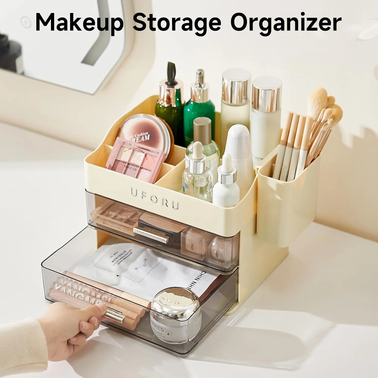 Makeup Organizer for Vanity with Brush Holder, Bathroom Counter Organizer with 2 Clear Drawers, Cosmetic Display Case for Beauty Essential, Skincare, Lipstick, Cream White&Silver