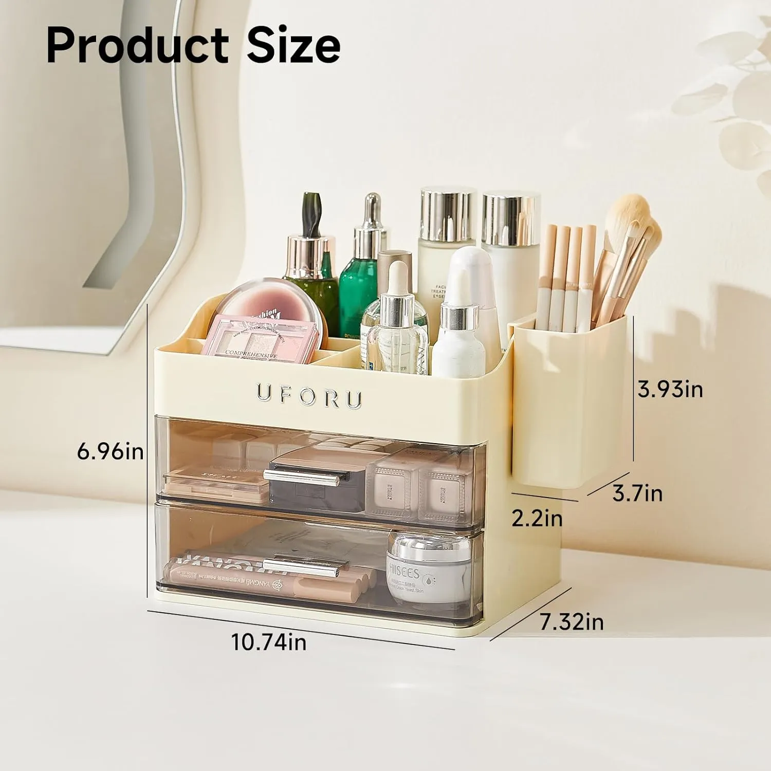Makeup Organizer for Vanity with Brush Holder, Bathroom Counter Organizer with 2 Clear Drawers, Cosmetic Display Case for Beauty Essential, Skincare, Lipstick, Cream White&Silver