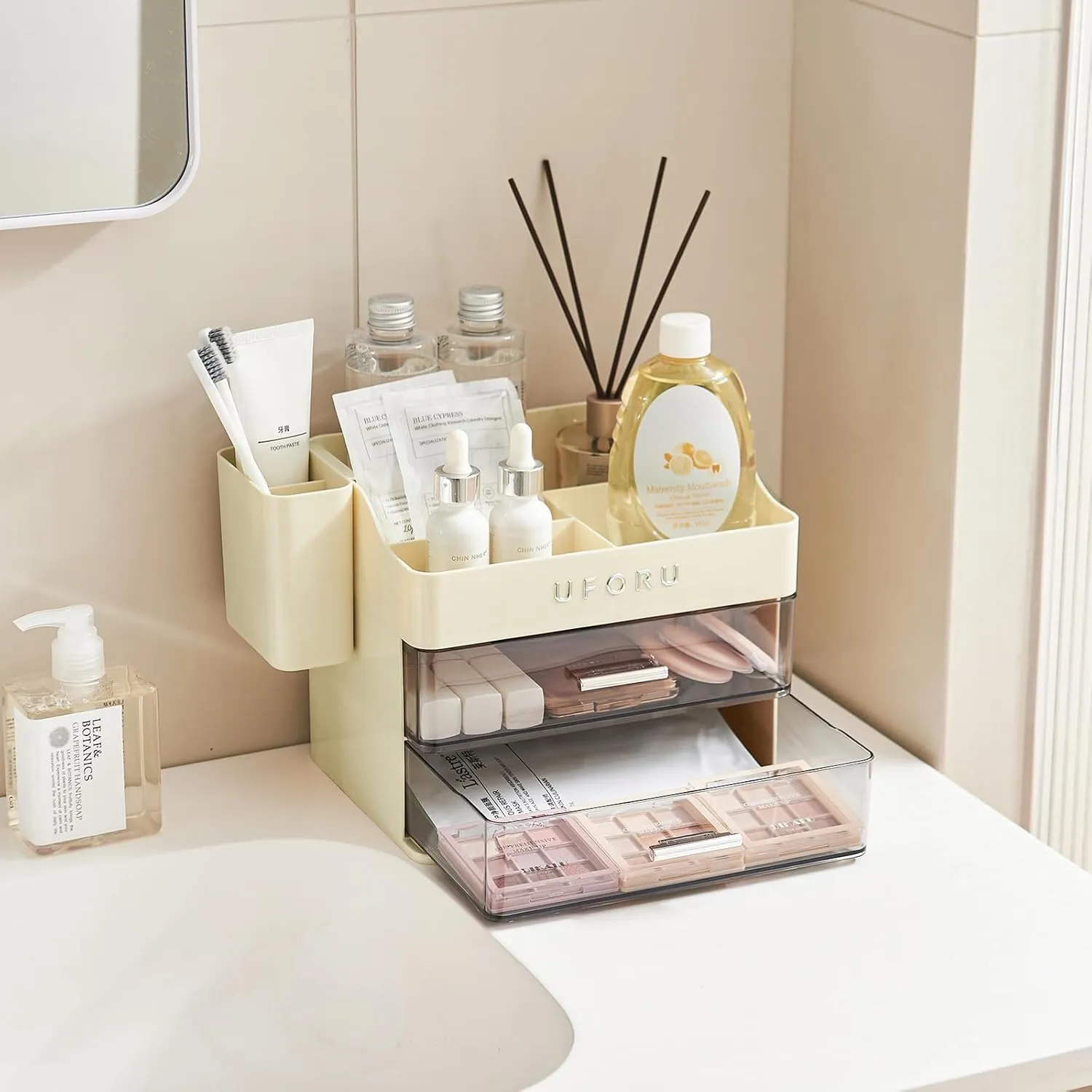 Makeup Organizer for Vanity with Brush Holder, Bathroom Counter Organizer with 2 Clear Drawers, Cosmetic Display Case for Beauty Essential, Skincare, Lipstick, Cream White&Silver