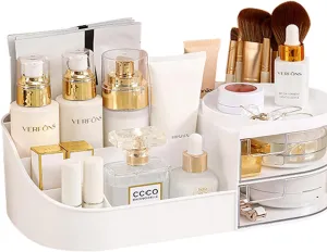 Makeup Organizer With Drawers,Large Plastic Lightweight Bathroom Countertop Organizer for Cosmetics,Vanity brush, Lipstick, Brushes, Eyeshadow, Jewelry Desktop Vanity Holder (White)