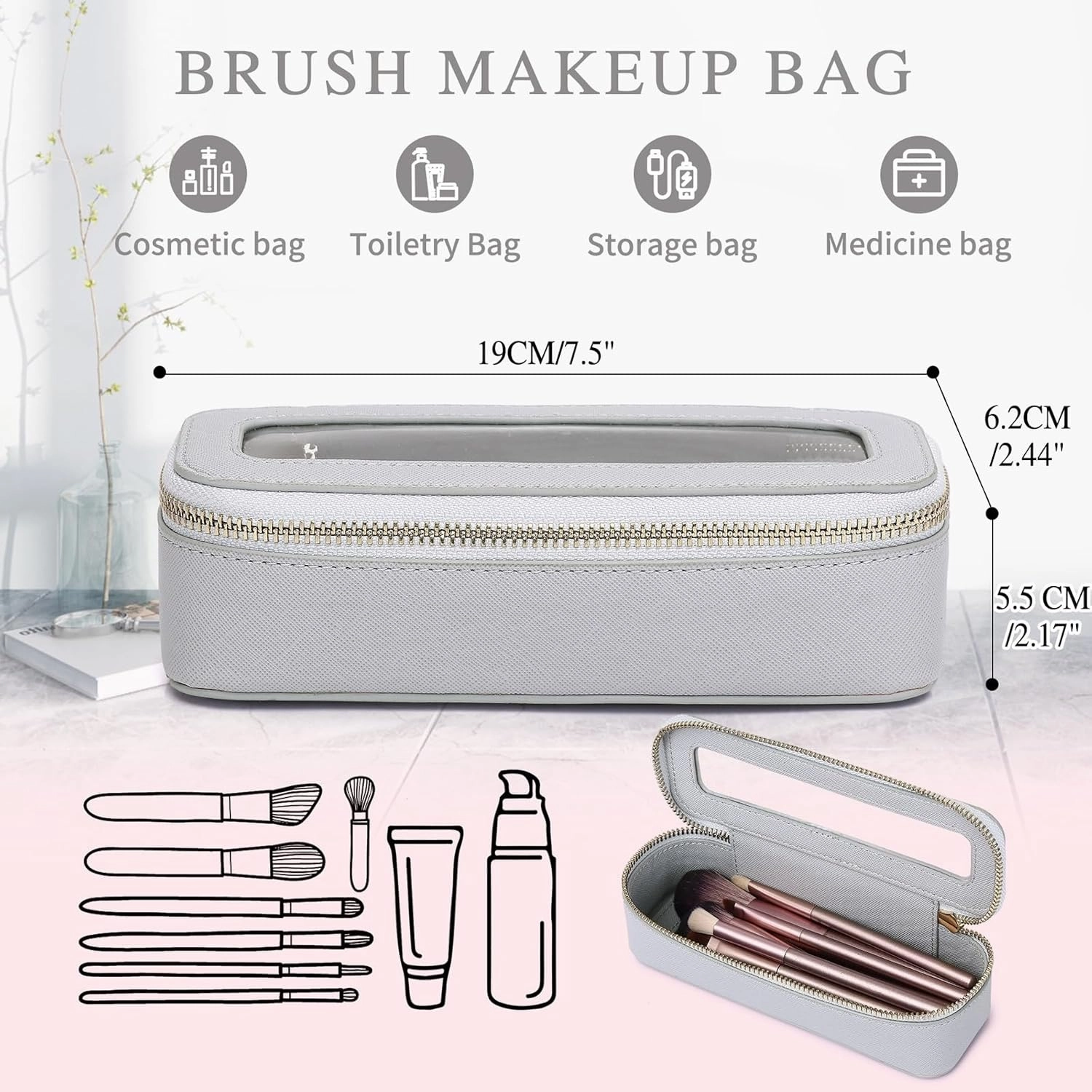 Makeup Brush Case Clear Travel Cosmetic & Toiletry Bag Slim Makeup Bag with Zipper Small Purse Organizer Car Essential Bag for Women (Gray, SLIM-3)