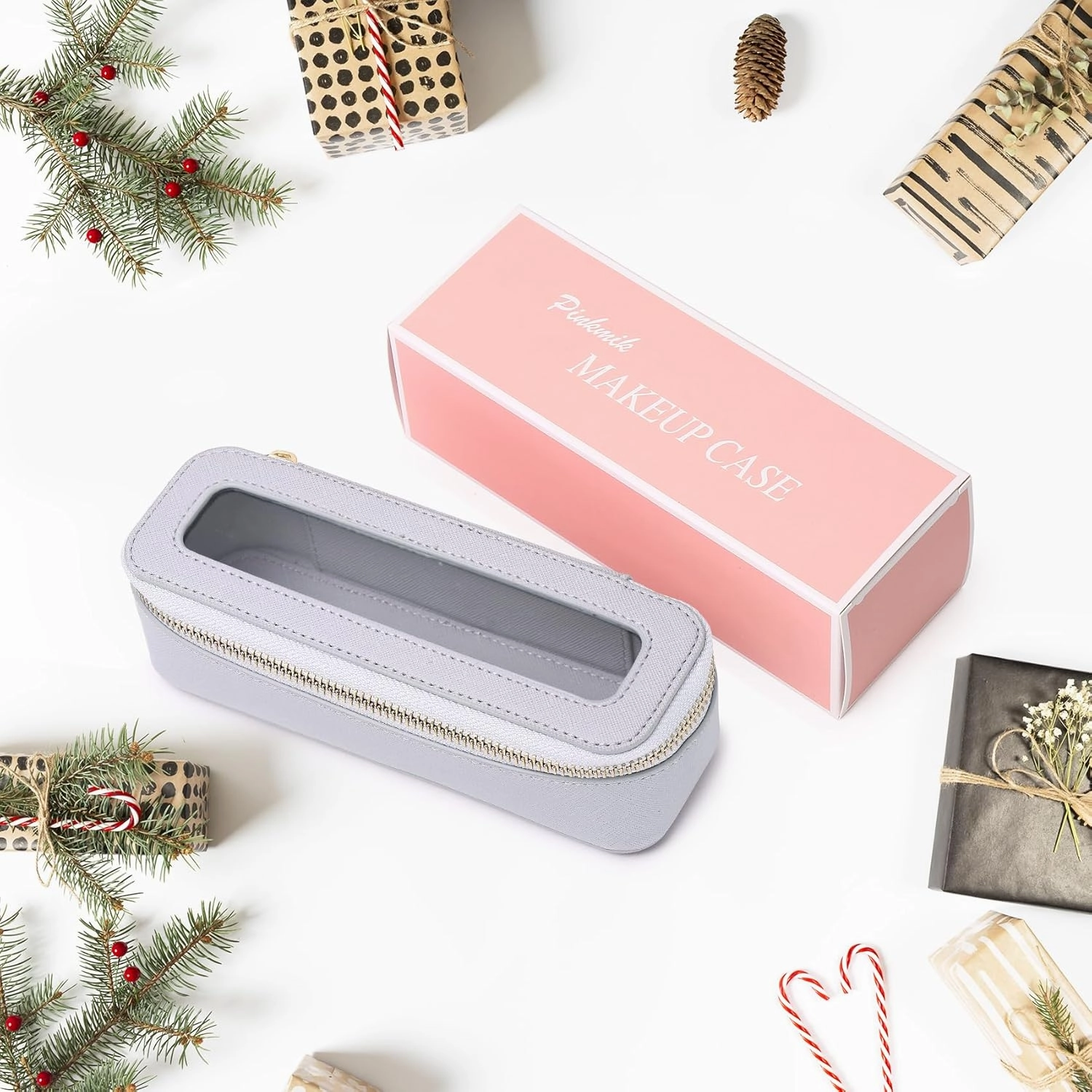 Makeup Brush Case Clear Travel Cosmetic & Toiletry Bag Slim Makeup Bag with Zipper Small Purse Organizer Car Essential Bag for Women (Gray, SLIM-3)