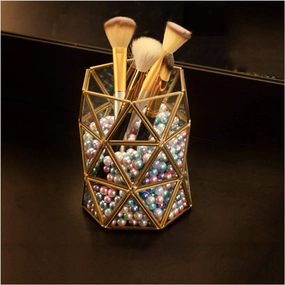 Makeup Brush Holder Makeup Organizer Clear Cosmetic Storage Box with Pearls for Makeup Brush Eyeliner Lipstick Eyebrow Pencil D (B)