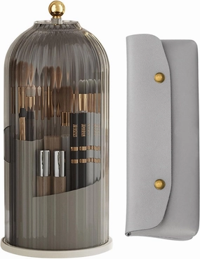 Makeup Brush Holder Organizer with Lid,360 Rotating Clear Dustproof Makeup Brushes Organizer for Vanity Desktop Bathroom Countertop,Pen Holder,Lipsticks,and Dust-proof Cover Dividers