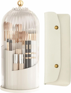 Makeup Brush Holder Organizer with Lid,360 Rotating Clear Dustproof Makeup Brushes Organizer for Vanity Desktop Bathroom Countertop,Pen Holder,Lipsticks,and Dust-proof Cover Dividers