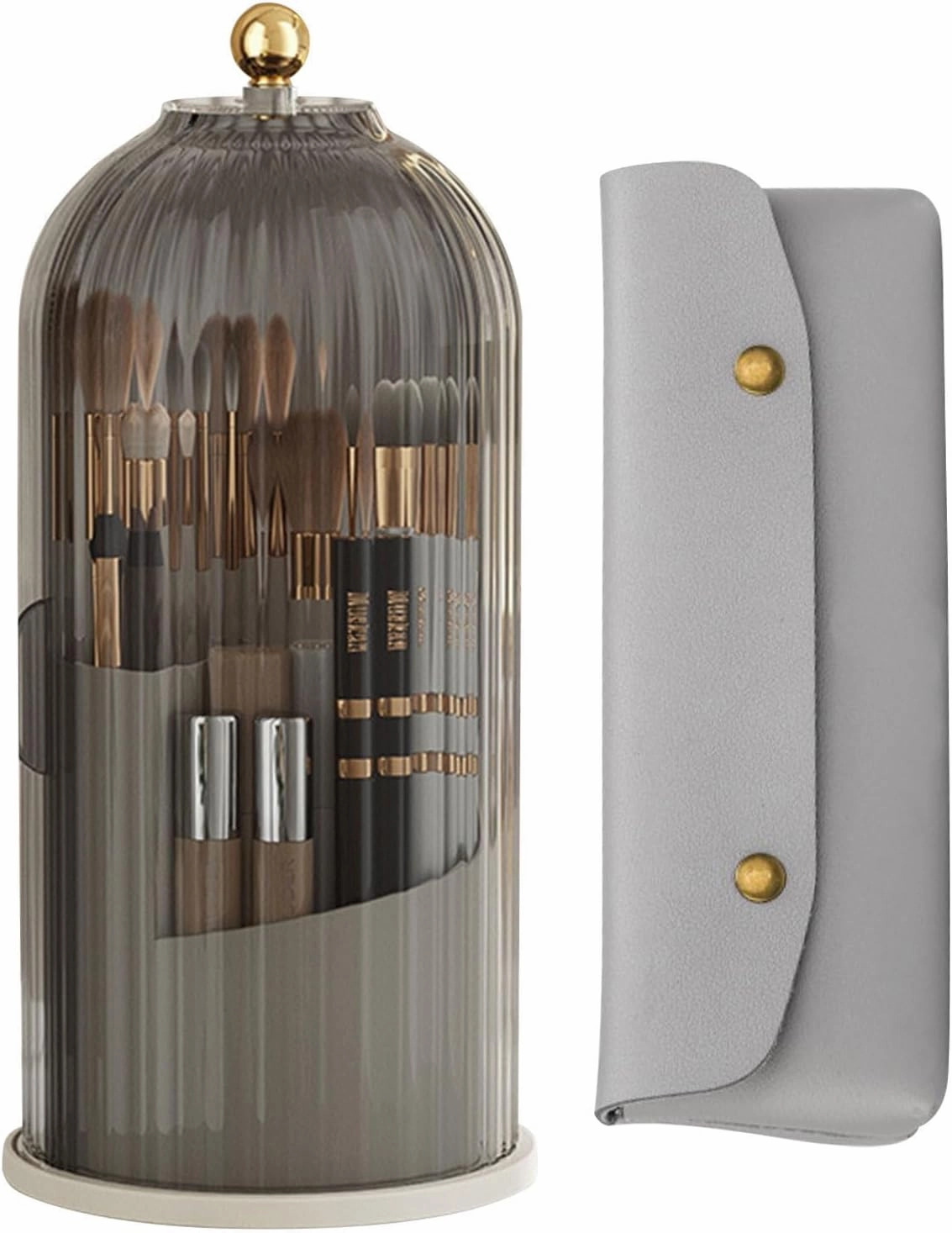 Makeup Brush Holder Organizer with Lid,360 Rotating Clear Dustproof Makeup Brushes Organizer for Vanity Desktop Bathroom Countertop,Pen Holder,Lipsticks,and Dust-proof Cover Dividers