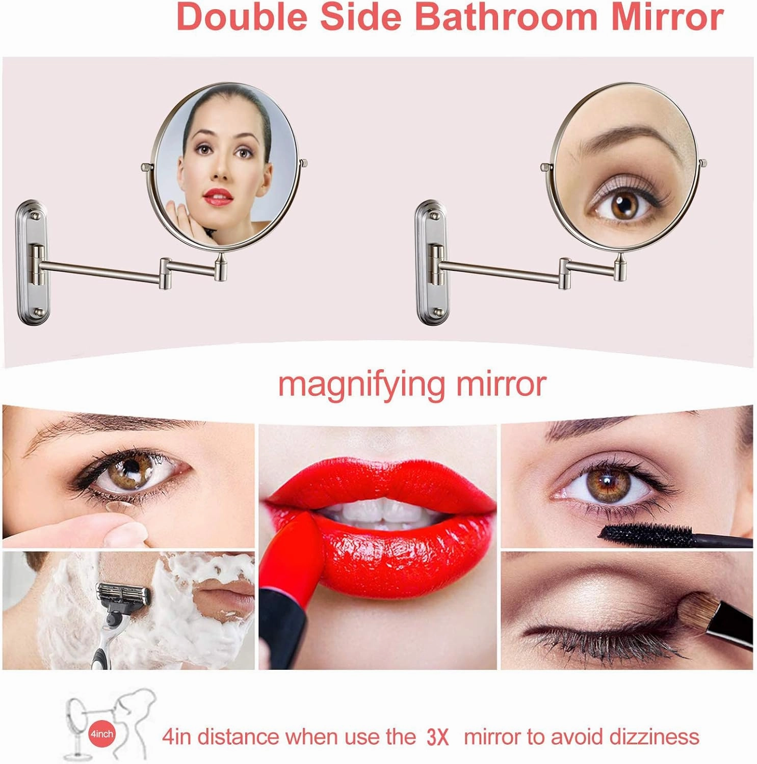Makeup Mirror, 360° Swivel Bathroom Shaving Mirror Wall-Mounted Magnifying Mirror HD Extendable Mirror Double-Sided Anti-Fog Vanity Mirror 6" Brushed Nickel Shower Mirror