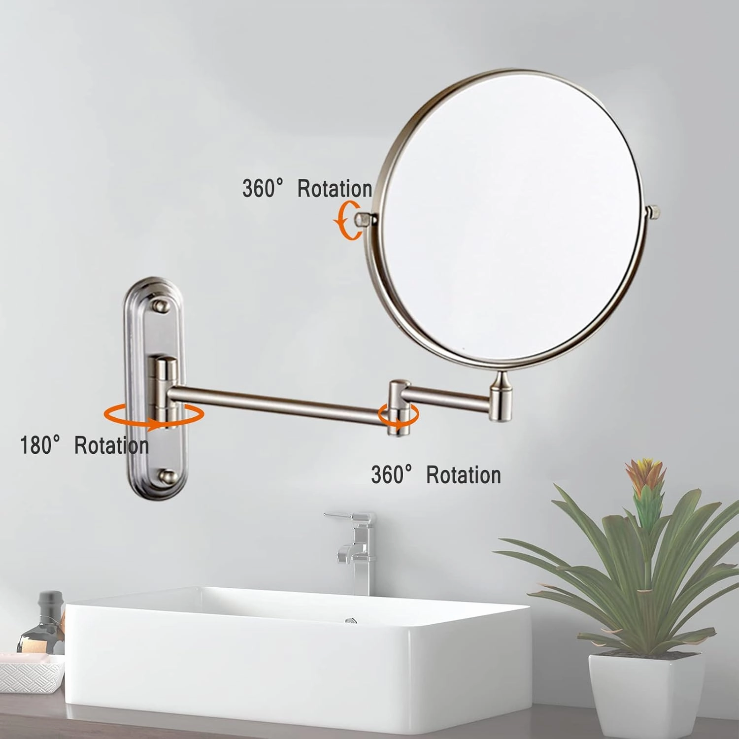 Makeup Mirror, 360° Swivel Bathroom Shaving Mirror Wall-Mounted Magnifying Mirror HD Extendable Mirror Double-Sided Anti-Fog Vanity Mirror 6" Brushed Nickel Shower Mirror
