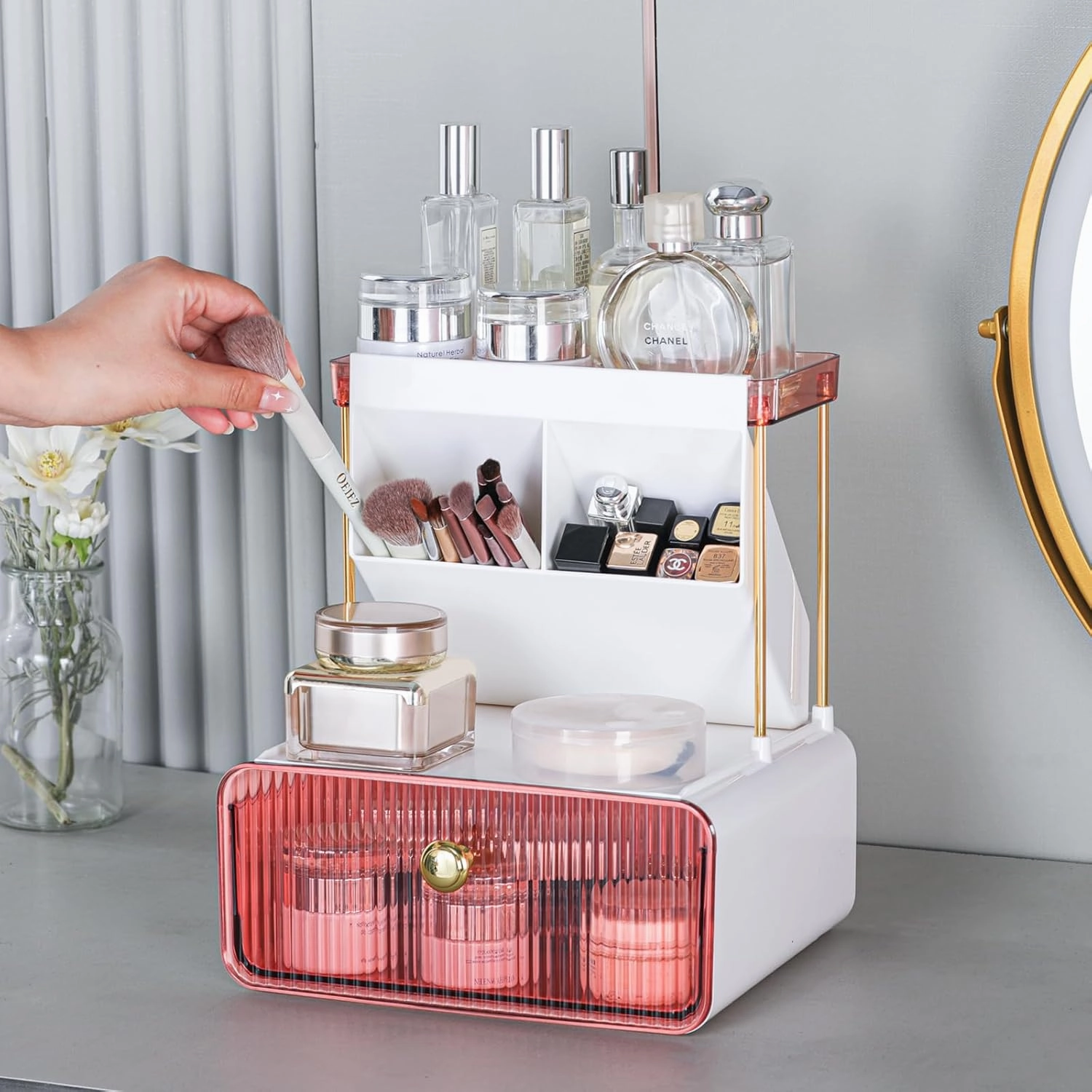 Makeup Organizer with Drawer, Bathroom Organizers and Storage，Makeup Brush Holder,Lipstick and Perfume Organizer,Cosmetic and Vanity Organizer,Desk Organizer