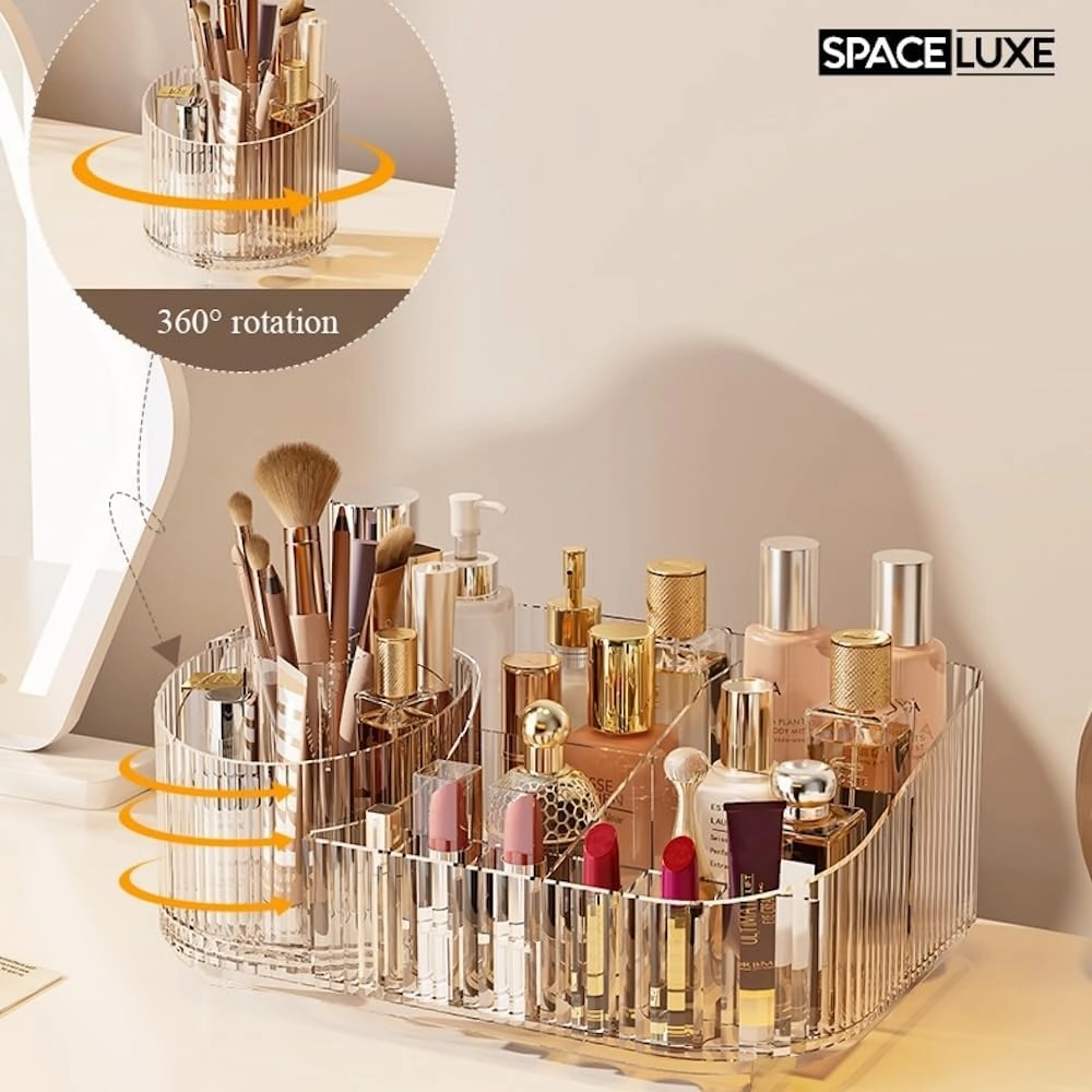 Makeup Organizer with Drawers and 360° Rotating Brush Holder, Large Capacity Cosmetic Storage for Vanity, Skincare, Perfume, Hair Accessories, Lipstick & Jewelry (Clear, 2-layer)