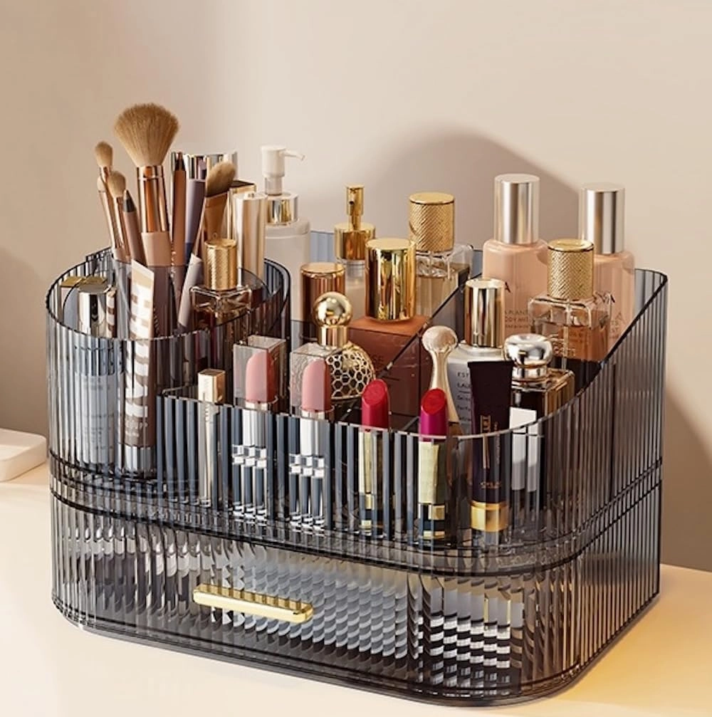 Makeup Organizer with Drawers and 360° Rotating Brush Holder, Large Capacity Cosmetic Storage for Vanity, Skincare, Perfume, Hair Accessories, Lipstick & Jewelry (Transparent Gray, 2-layer)