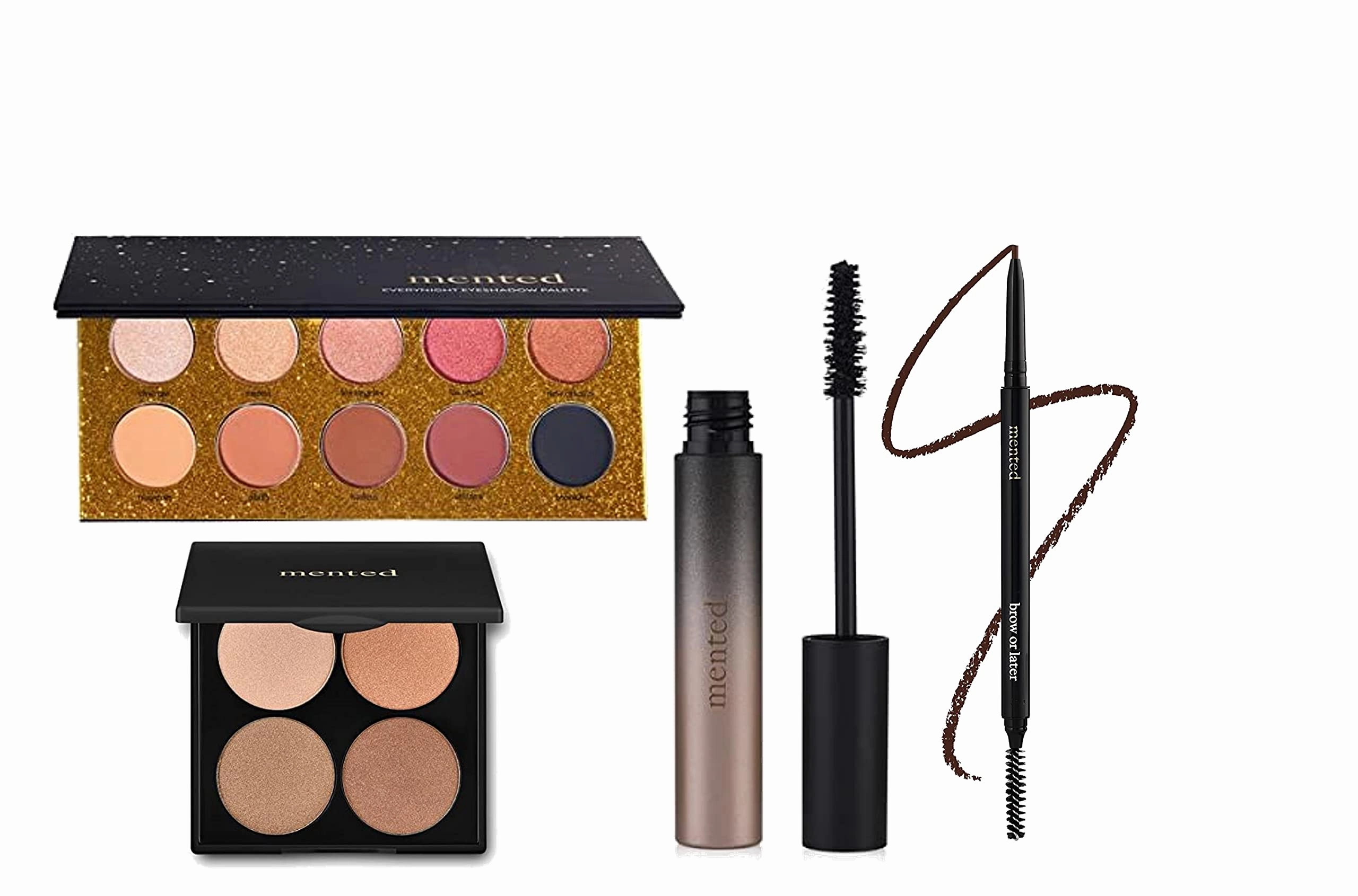 Mented Cosmetics | Nude and Dark Eyeshadows, Everynight Eye Shadow Palette   Gold and Bronze Highlighter, Sunkissed Highlighter Palette   Eyebrow Pencil (Medium Brown)   Long Live the Lash Mascara