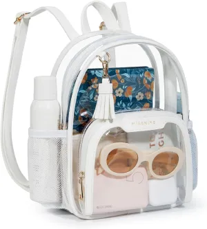 Missnine Clear Backpack Stadium Approved, Thick PVC Mini Clear Bag with Leather Trim for Sports Event, Concert, Festival, White