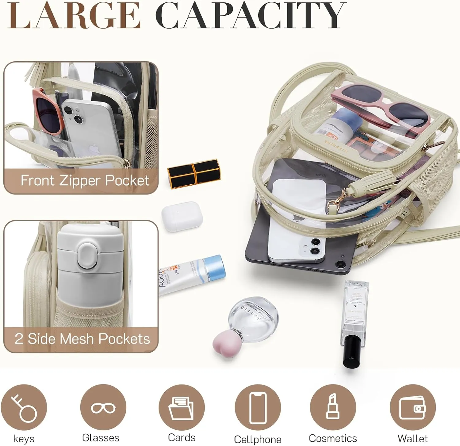 Missnine Clear Backpack Stadium Approved, Thick PVC Mini Clear Bag with Leather Trim for Sports Event, Concert, Festival, White