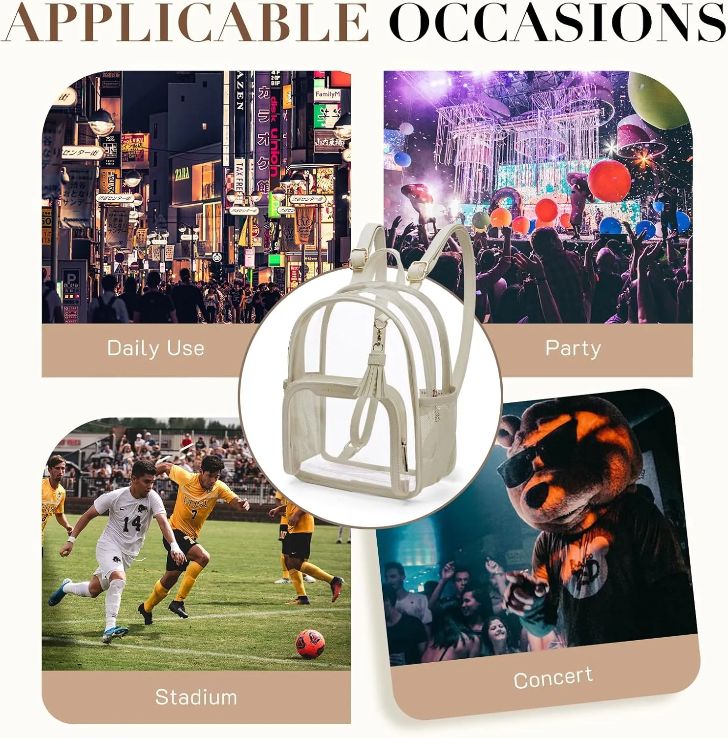 Missnine Clear Backpack Stadium Approved, Thick PVC Mini Clear Bag with Leather Trim for Sports Event, Concert, Festival, White
