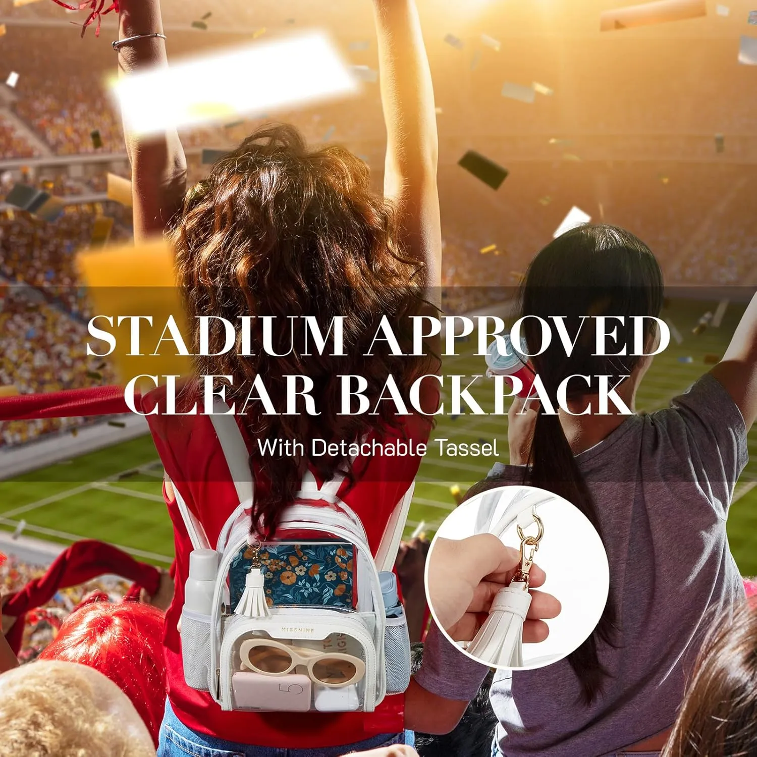 Missnine Clear Backpack Stadium Approved, Thick PVC Mini Clear Bag with Leather Trim for Sports Event, Concert, Festival, White