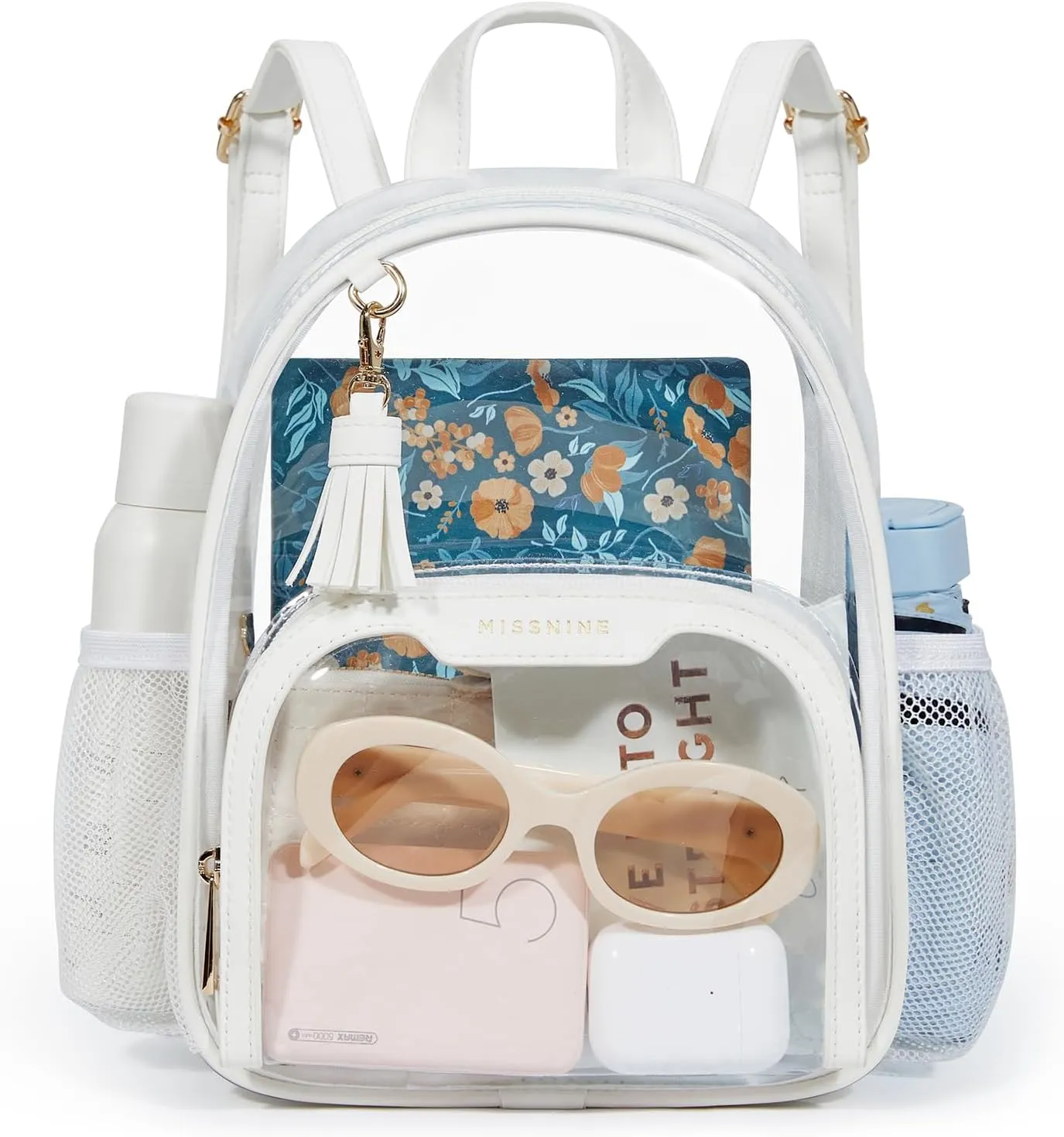 Missnine Clear Backpack Stadium Approved, Thick PVC Mini Clear Bag with Leather Trim for Sports Event, Concert, Festival, White