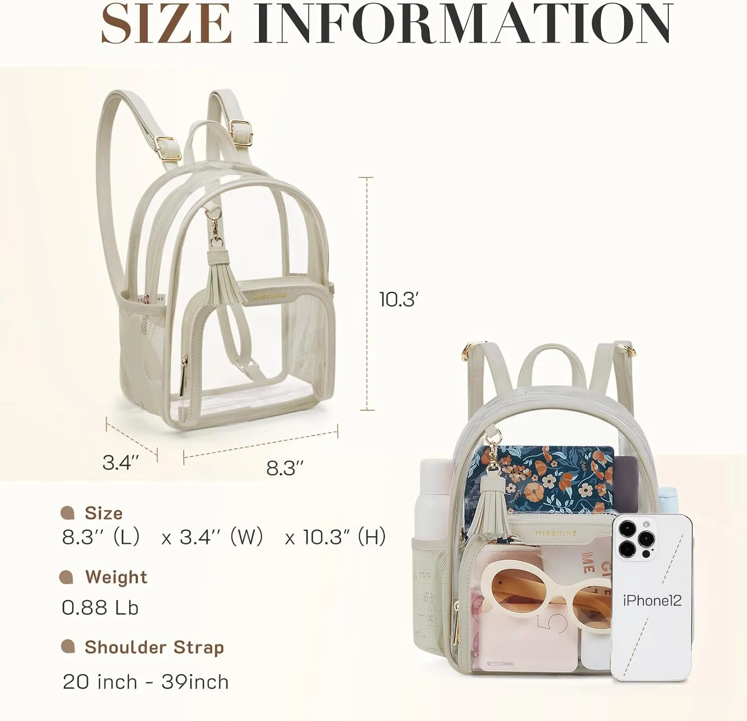 Missnine Clear Backpack Stadium Approved, Thick PVC Mini Clear Bag with Leather Trim for Sports Event, Concert, Festival, White
