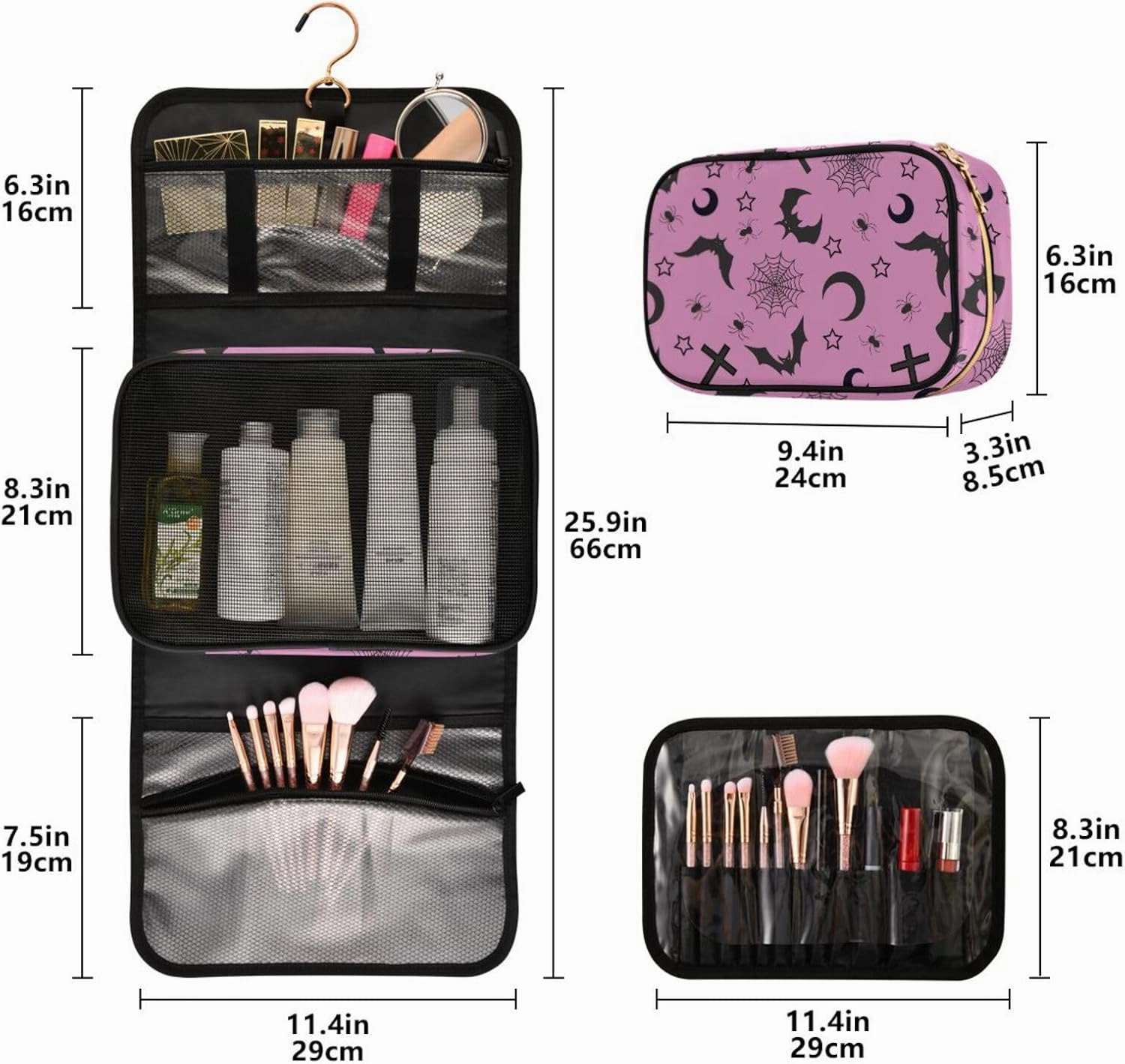 MNSRUU 3 PCS Toiletry Bag, Cross and Bat Hanging Makeup Bag for Toiletries Goth Travel Toiletry Organizer Bags Portable Clear Toiletry Kit