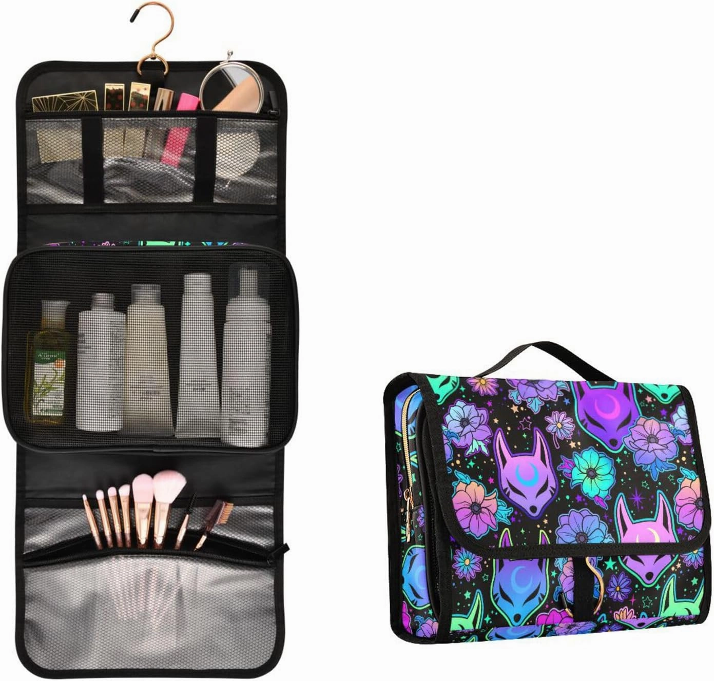 MNSRUU 3 PCS Toiletry Bag, Magic Fox with Camellia Hanging Makeup bag for Toiletries Travel Toiletry Organizer Bags Portable Clear Toiletry Kit