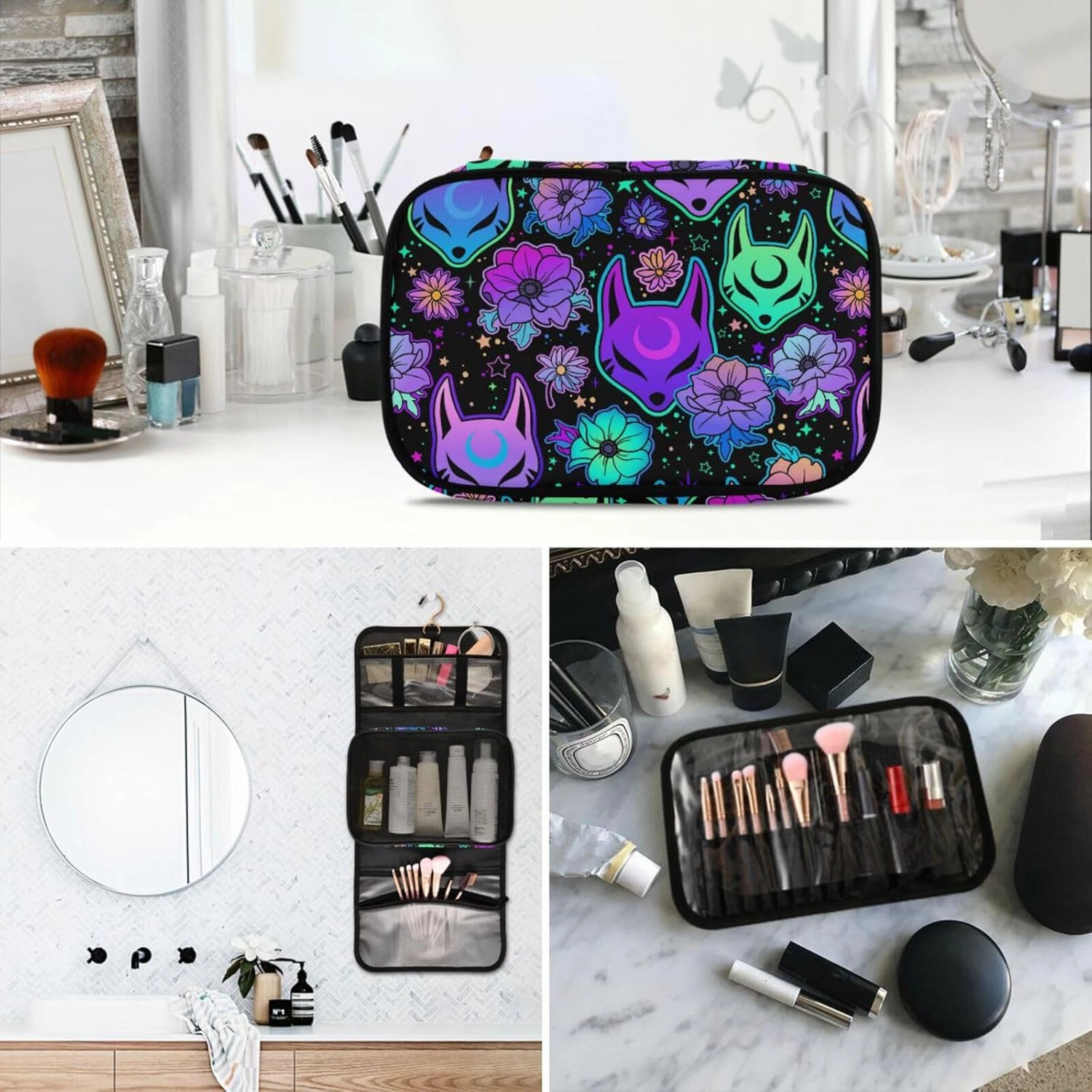 MNSRUU 3 PCS Toiletry Bag, Magic Fox with Camellia Hanging Makeup bag for Toiletries Travel Toiletry Organizer Bags Portable Clear Toiletry Kit