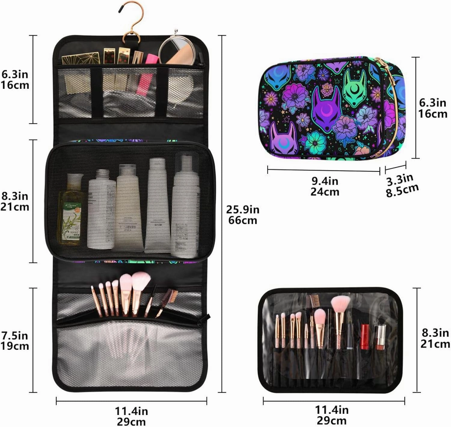MNSRUU 3 PCS Toiletry Bag, Magic Fox with Camellia Hanging Makeup bag for Toiletries Travel Toiletry Organizer Bags Portable Clear Toiletry Kit