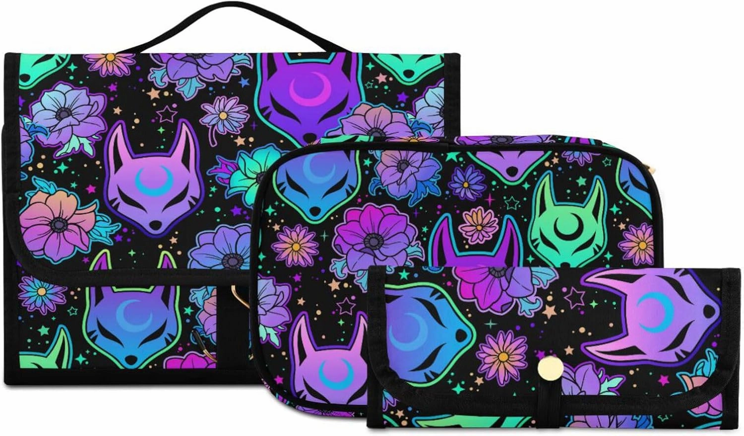 MNSRUU 3 PCS Toiletry Bag, Magic Fox with Camellia Hanging Makeup bag for Toiletries Travel Toiletry Organizer Bags Portable Clear Toiletry Kit