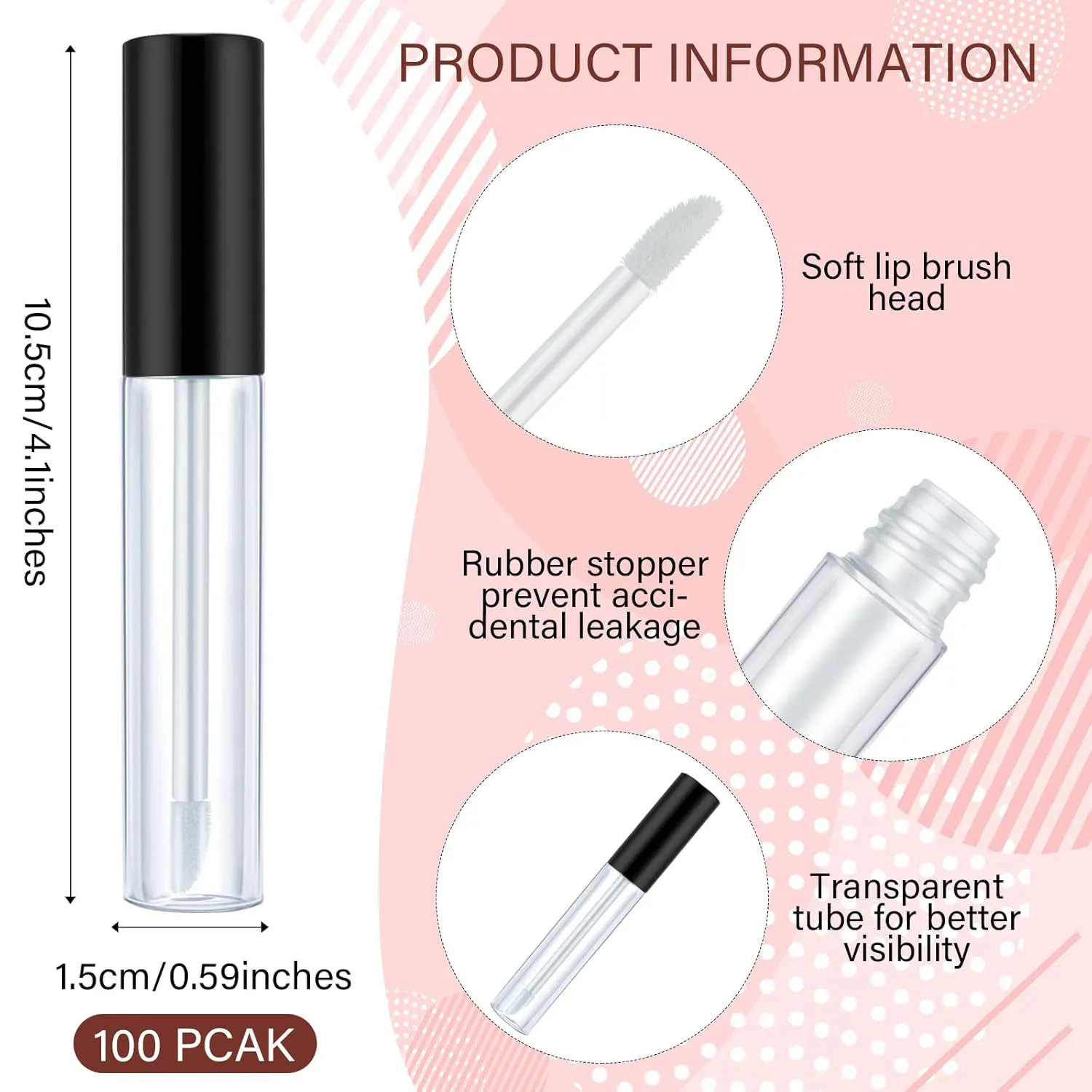 Nuanchu 100 Pcs 10 ml Empty Lip Gloss Tubes Clear Mini Refillable Balm Containers Bottles Plastic Lip Gloss Containers with Wand and Rubber Inserts DIY Makeup(Black)