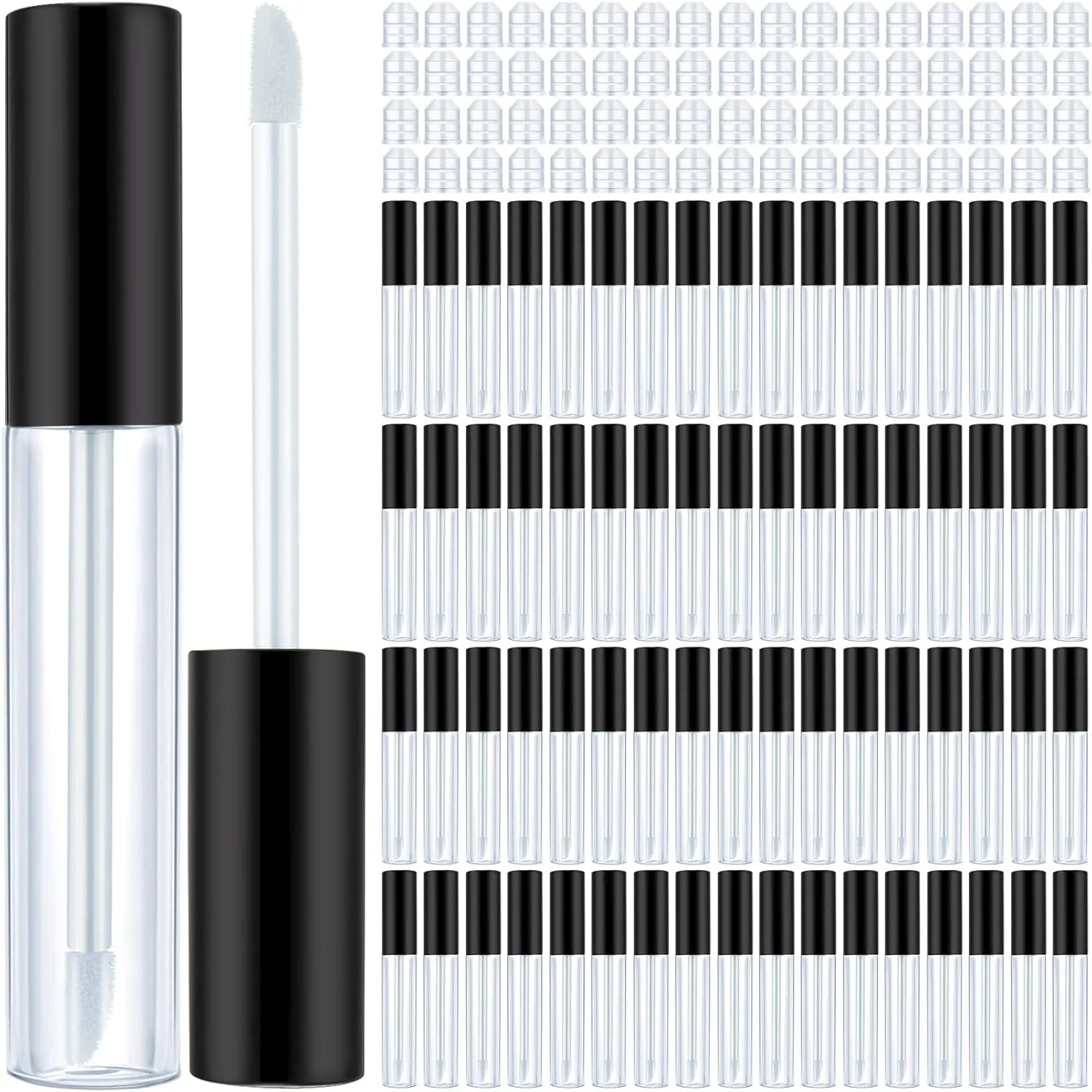 Nuanchu 100 Pcs 10 ml Empty Lip Gloss Tubes Clear Mini Refillable Balm Containers Bottles Plastic Lip Gloss Containers with Wand and Rubber Inserts DIY Makeup(Black)