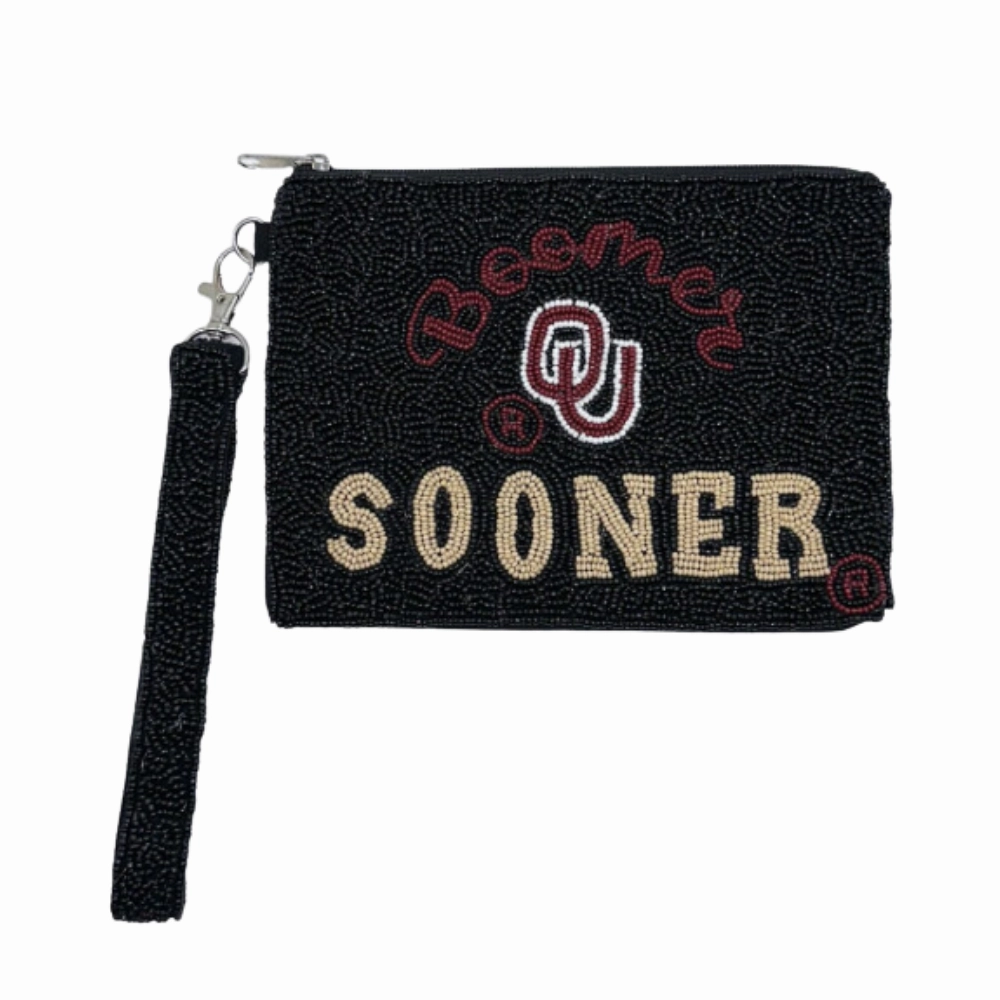 OU BOOMER SOONER OKLAHOMA UNIVERSITY BEADED WRISTLET COIN BAG - BLACK