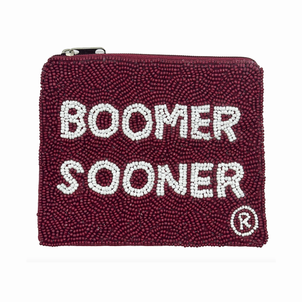 OU BOOMER SOONER OKLAHOMA UNIVERSITY BEADED ZIP COIN BAG - CRIMSON